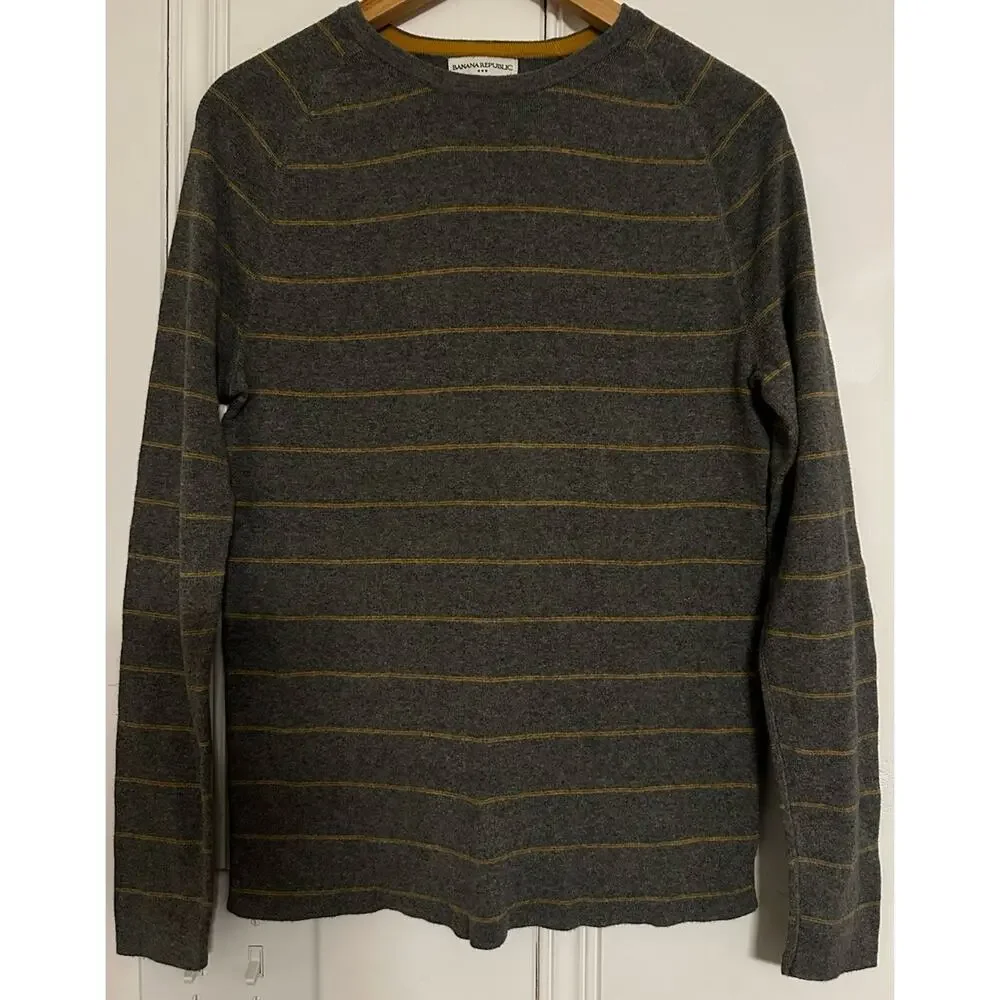 Banana Republic Mens 100% Cotton Crewneck Sweater Gray Mustard Stripe‎ Preppy S